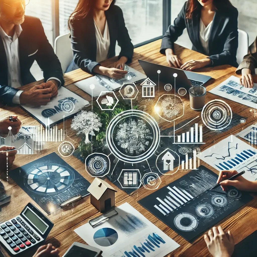 A diverse group of people collaborating on financial planning with charts and documents, symbolizing wealth-building strategies, in a modern office setting