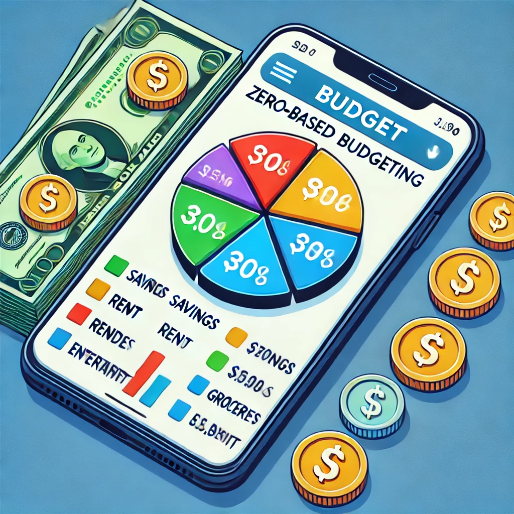 A pie chart with budget categories like savings, rent, and groceries on a smartphone screen, surrounded by dollar bills and coins.