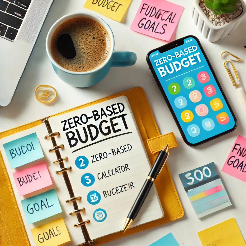 An organized workspace with a notebook labeled 'Zero-Based Budget,' a calculator, and a smartphone showing a budgeting app.